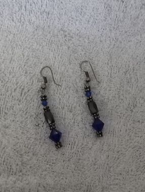 Vintage Blue and Silver Drop Bead Earrings - Vintage